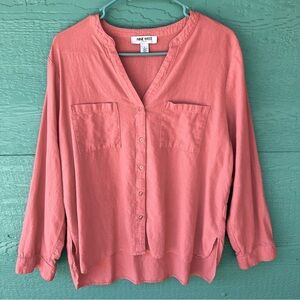 LINEN V-NECK ROLL TAB SLEEVES BUTTON DOWN TUNIC TOP SALMON HIGH LOW SIZE LARGE